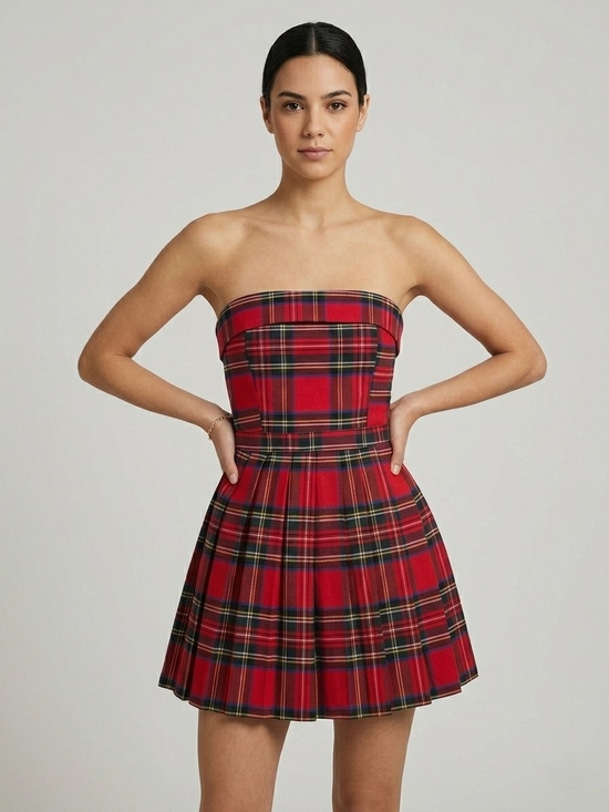 Dresses & Skirts - ​Red Plaid Strapless Mini Dress Pleated Tartan Dark Academia Coquette Party XS
